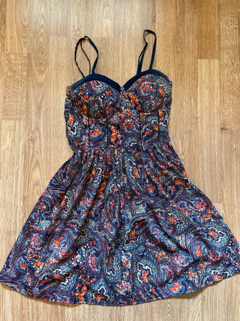 American Rag Navy Paisley Mini Dress with Orange Accents